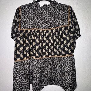 Black and Cream Printed Peasant Top